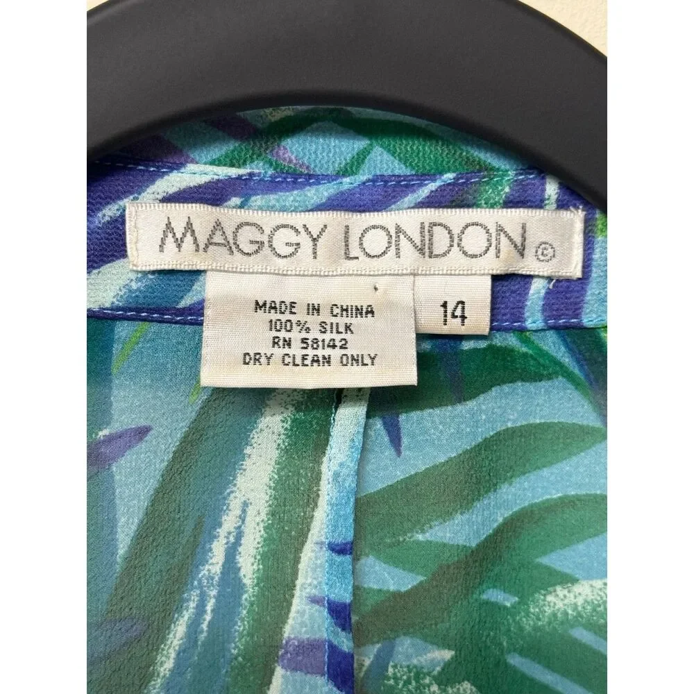 VINTAGE - MAGGY LONDON Two-Piece 100% Silk Tropical Print Midi Dress, Sz 14